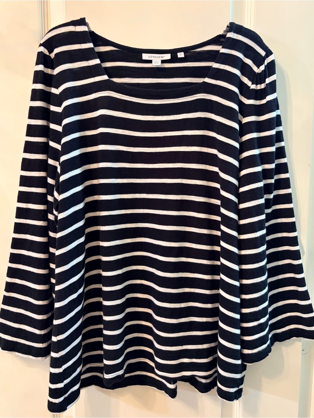 Chico's Navy and White Striped Long Sleeve Scoop Neck Tee